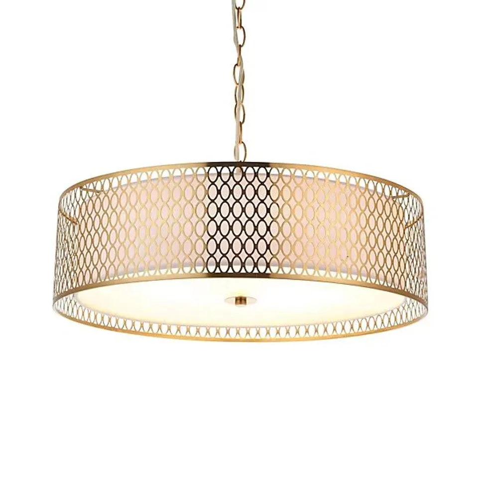 BOXED LUMINOSA CORDERO SINGLE PENDANT CEILING LAMP, GOLD EFFECT PLATE, WHITE FABRIC, FROSTED GLASS