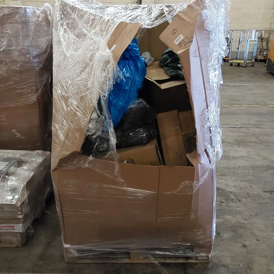 PALLET TO CONTAIN ASSORTED HOUSEHOLD PRODUCTS. INCLUDES SKELETON HALLOWEEN PROP, SOFA CUSHIONS, BOXED FURNITURE ETC