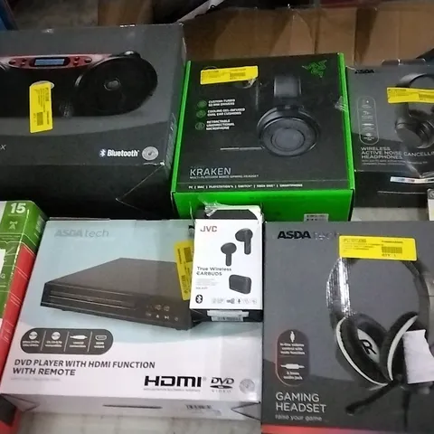 LARGE QUANTITY OF ASSORTED ELECTRICAL PRODUCTS TO INCLUDE; GAMING HEADSET, BLUETOOTH CD BOOMBOX, JVC TRUE WIRELESS EARBUDS, RAZER KRAKEN GAMING HEADSET AND DVD PLAYER WITH HDMI FUNCTION
