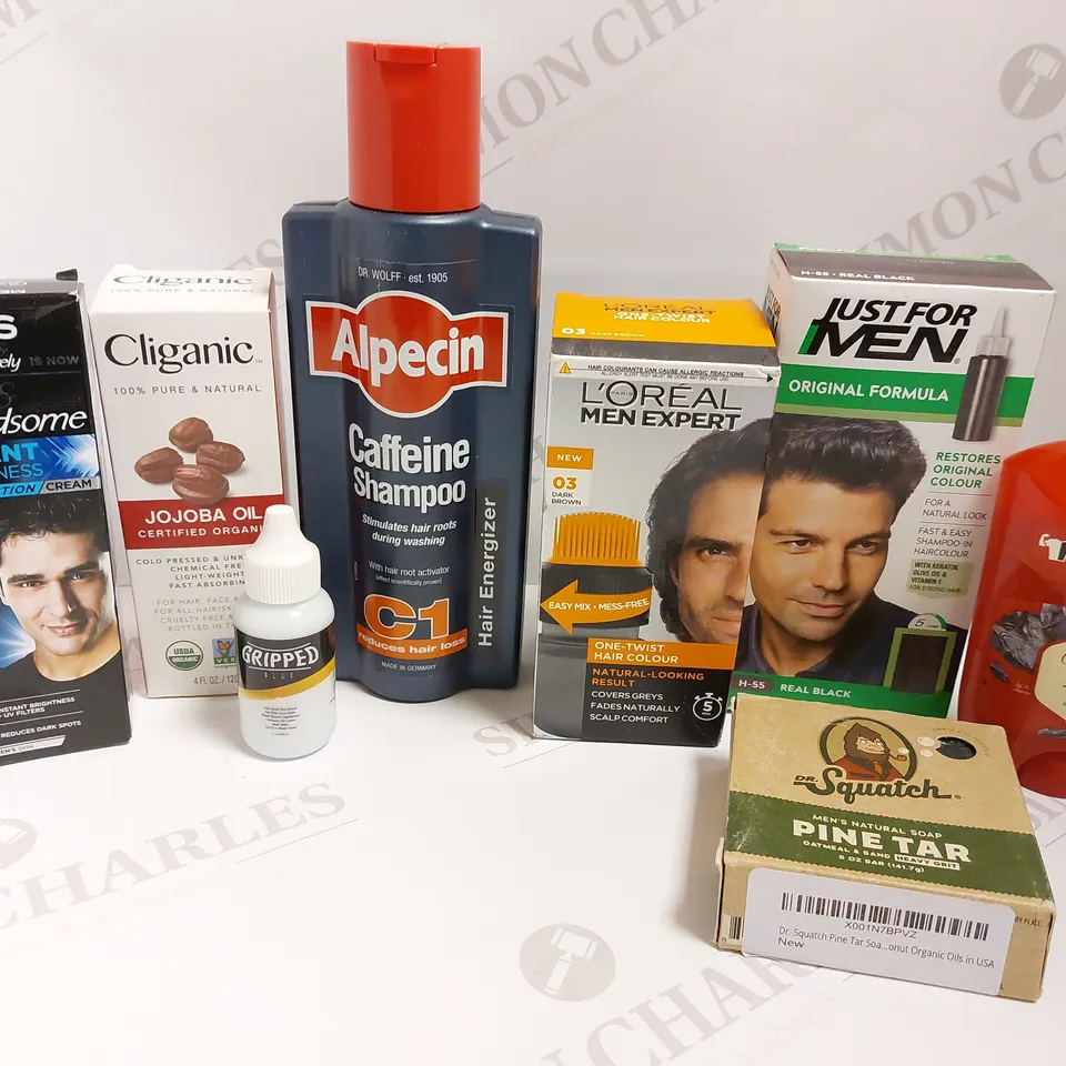 BOX OF APPROX 10 COSMETIC ITEMS TO INCLUDE ALPECIN CAFFEINE SHAMPOO, DR SQUATCH PINE TAR SOAP, LOREAL MEN HAIR COLOUR