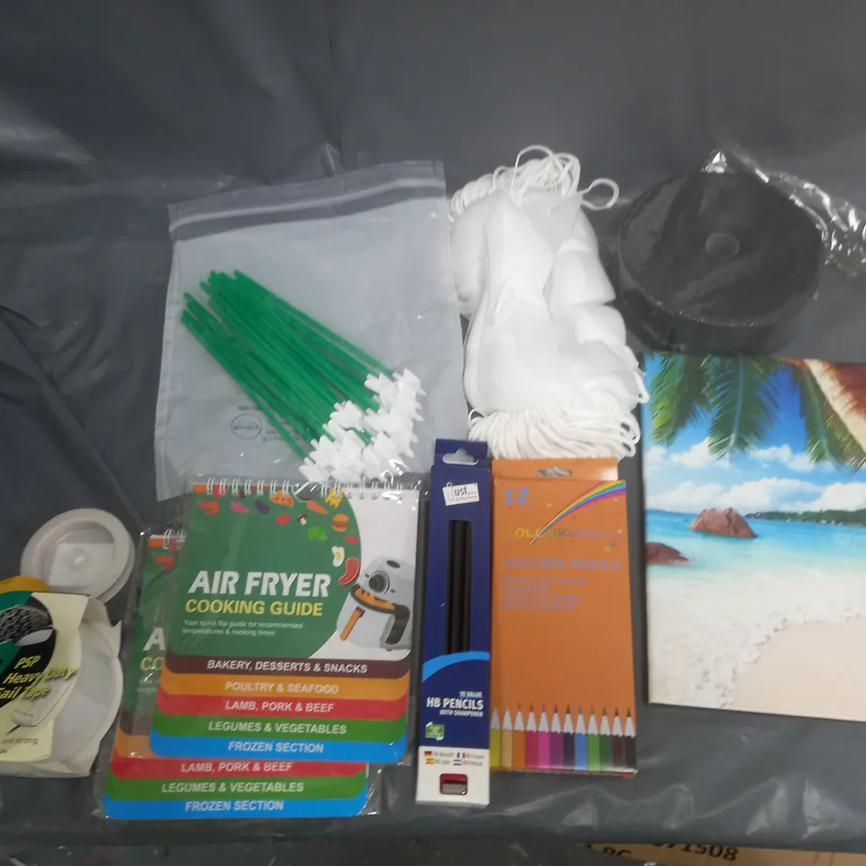 BOX OF APPROXIMATELY 8 ASSORTED ITEMS TO INCLUDE - AIR FRYER COOKING GUIDES, TABLET CASE, AND PENCILS ETC.