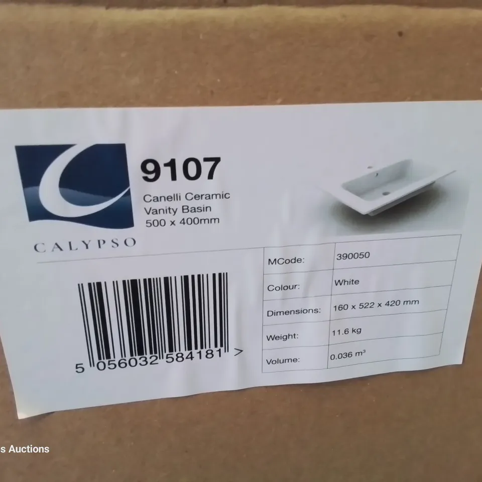 BOXED CANELLI CERAMIC SINGKE TAP VANITY BASIN WHITE 500 × 400mm