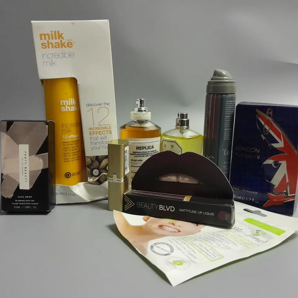 APPROXIMATELY 8 ASSORTED BEAUTY PRODUCTS TO INCLUDE MILKSHAKE INCREDIBLE MILK 12 EFFECTS HAIR TREATMENT, FENTY BEAUTY BY RIHANNA BLURRING SKIN TINT, LONDON PLAYBOY EAU DE TOILETTE SPRAY