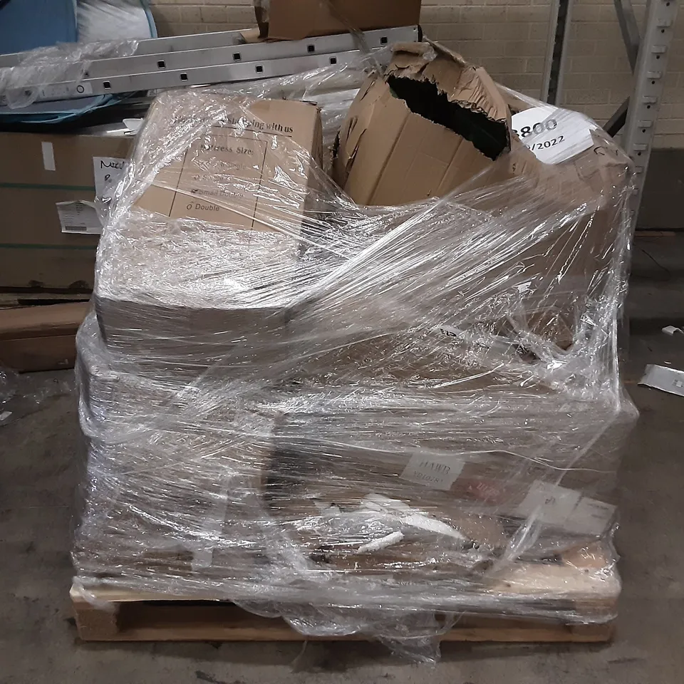 PALLET OF ASSORTED PRODUCTS INCLUDING SMALL DOUBLE MATTRESS, GREEN HOSE WHEEL CART, MIRROR CABINET