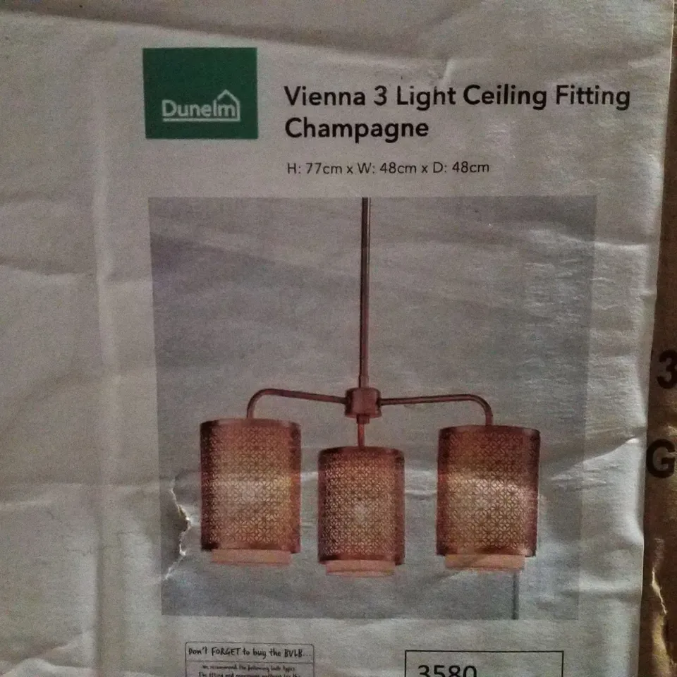 BOXED DUNELM VIENNA 3 LIGHT CEILING FITTING CHAMPAGNE