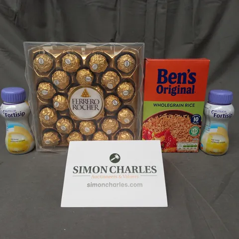 APPROXIMATELY 10 ASSORTED FOOD AND DRINK ITEMS TO INCLUDE BEN'S ORIGINAL, FERRERO ROCHER, ETC