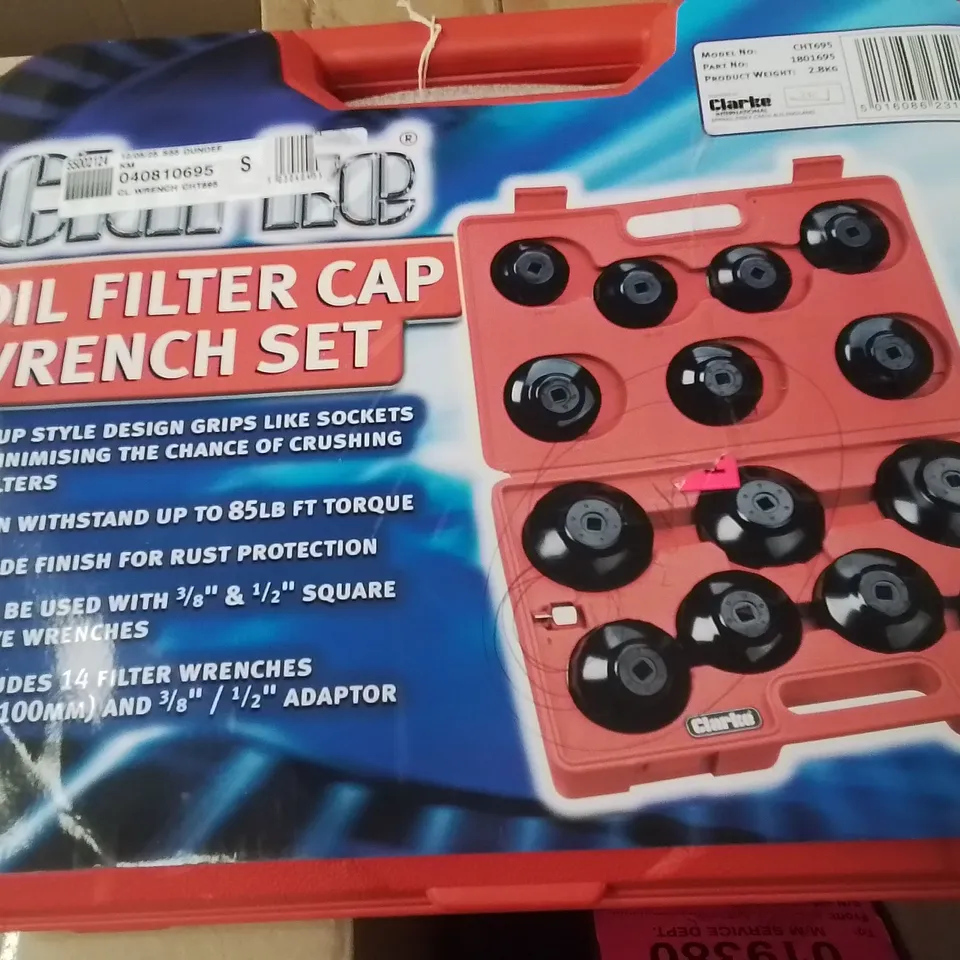 MIXED BOX OF TOOLS TO INCLUDE: CLARKE OIL FILTER CAP WRENCH SET, PROFESSIONAL AIRLINE TYRE INFLATOR AND 12V OIL AND DIESEL PUMP