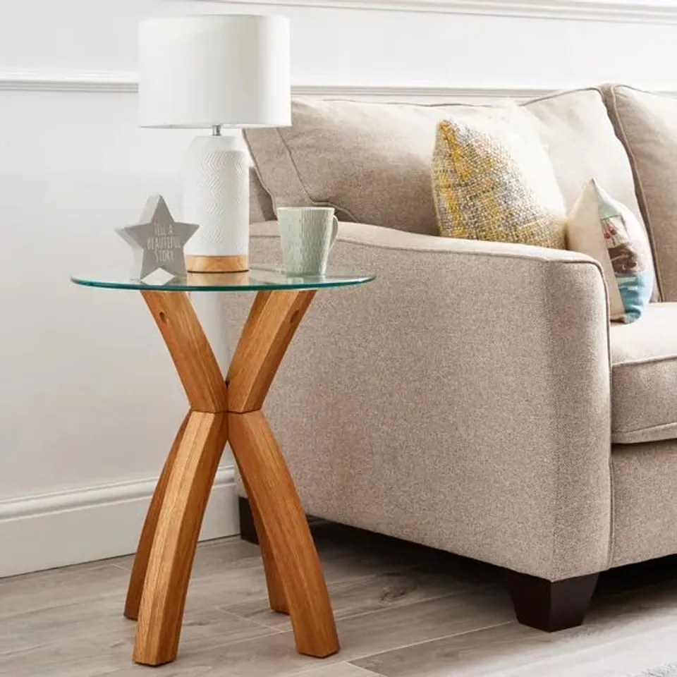 BOXED XAVI SIDE TABLE OAK & GLASS