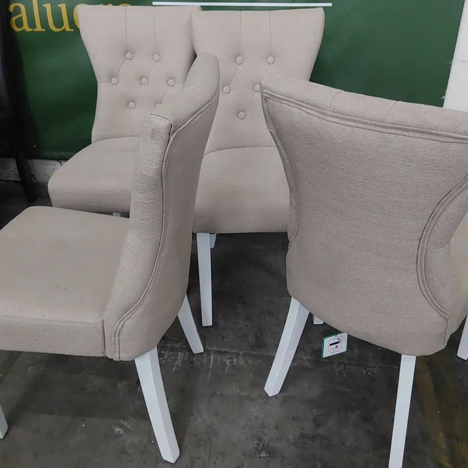 SET OF FOUR DESIGNER UPHOLSTERED BUTTONED BACK DINING CHAIRS NATURAL FABRIC ON WHITE LEGS 