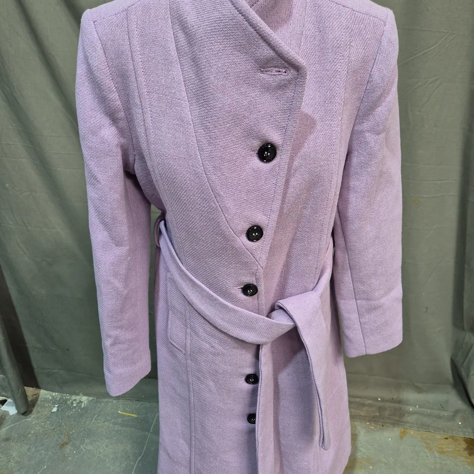 KAREN MILLEN ITALIAN MANTECO WOOL BLEND ASYMMETRIC BUTTON BELTED TAILORED COAT IN LILAC SIZE 10