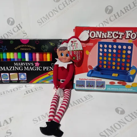 BOX OF APPROXIMATELY 20 ASSORTED TOYS AND GAMES TO INCLUDE CONNECT FOUR, MARVIN'S AMAZING MAGIC PENS, VINYL FACED NAUGHTY ELF, ETC