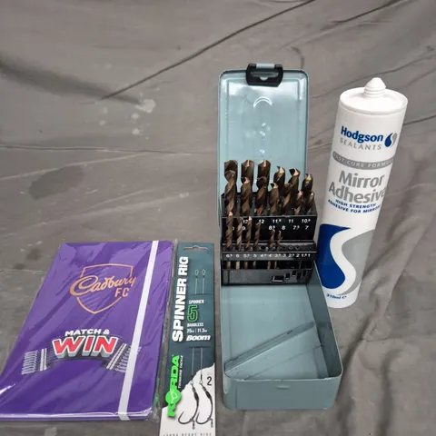 APPROXIMATELY 15 ASSORTED HOUSEHOLD ITEMS TO INCLUDE DRILL BIT TIN - MIRROR ADHESIVE AND FISHING LURES
