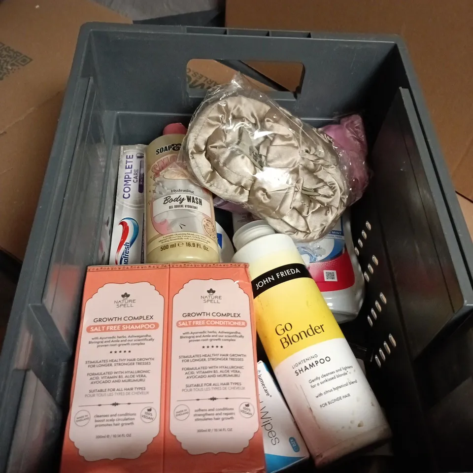 APPROXIMATELY 10 ASSORTED COSMETIC ITEMS INCLUDING CIROA BODY BUTTER , JOHN FRIEDA LIGHTENING SHAMPOO AND SOAP & GLORY BODY WASH 