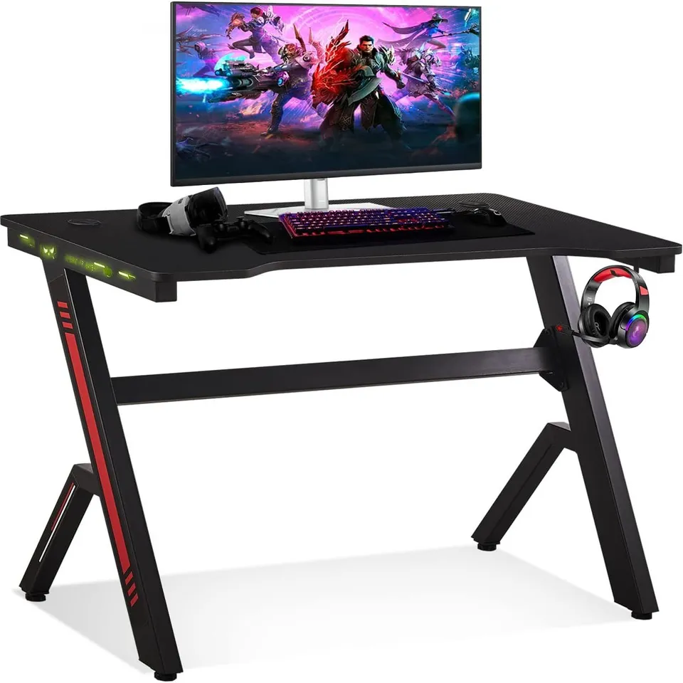 BOXED GAMING DESK R SHAPED COMPUTER DESK WITH LED LIGHTS HEADPHONE HOOK CABLE HOLES LARGE RACING GAMING TABLE FOR HOME OFFICE (1 BOX)