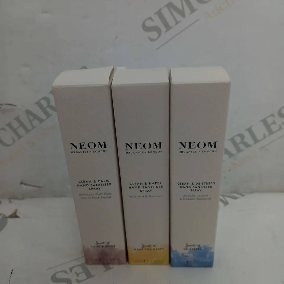 SET OF 3 NEOM CLEAN & HAPPY HAND SANITISER SPRAY 