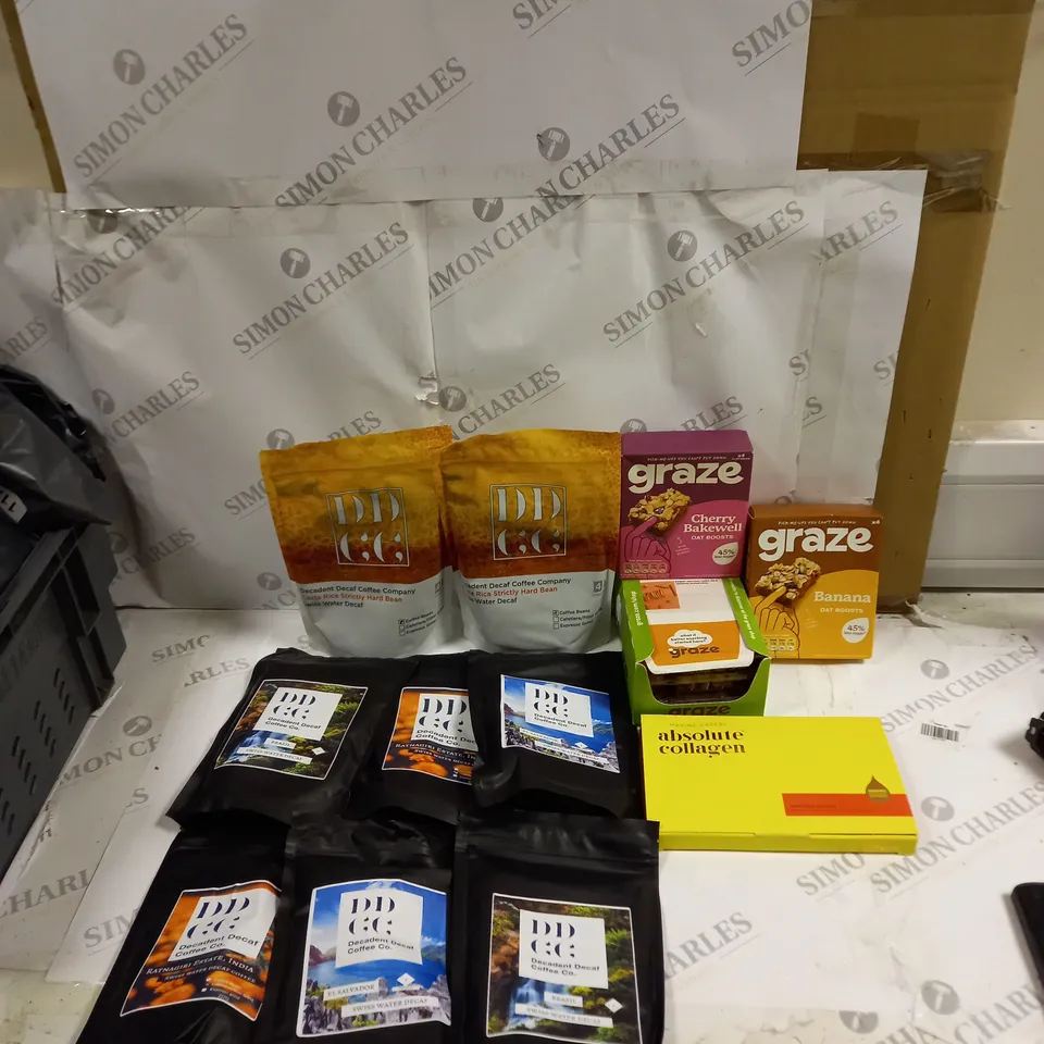 BOX OF ASSORTED ITEMS TO INCLUDE GRAZE, DECADENT DECAF COFFEE CO ETC
