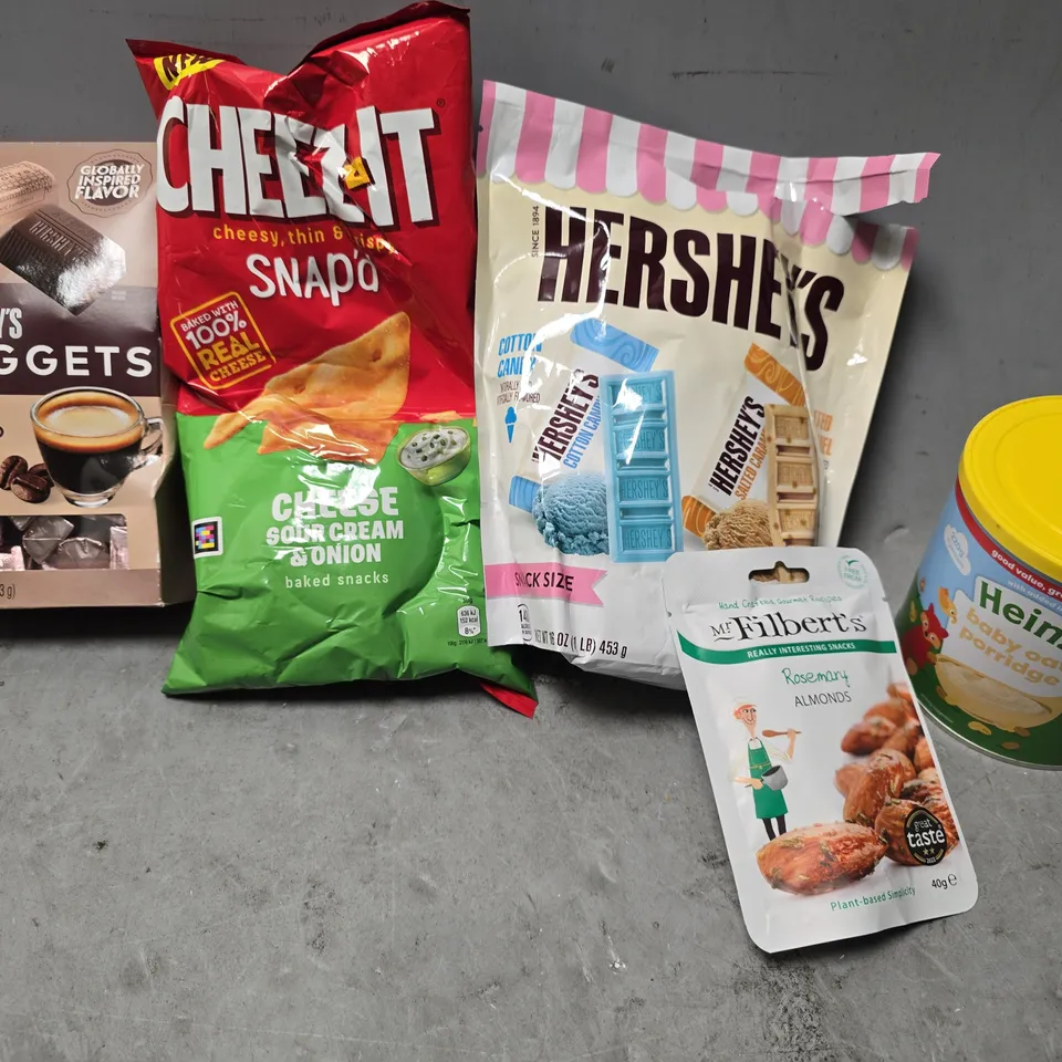APPROXIMATELY 10 ASSORTED FOOD & DRINK ITEMS TO INCLUDE - HERSHEYS CHOCOLATE , FILBERTS ALMONDS , HERSHEYS NUGGETS ETC