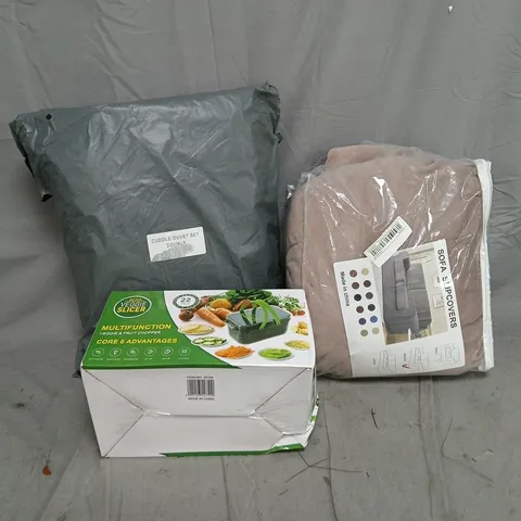APPROXIMATELY 12 ASSORTED HOUSEHOLD PRODUCTS TO INCLUDE SOFA SLIPCOVERS, CUDDLE DUVET SET, VEGGIE SLICER, ETC