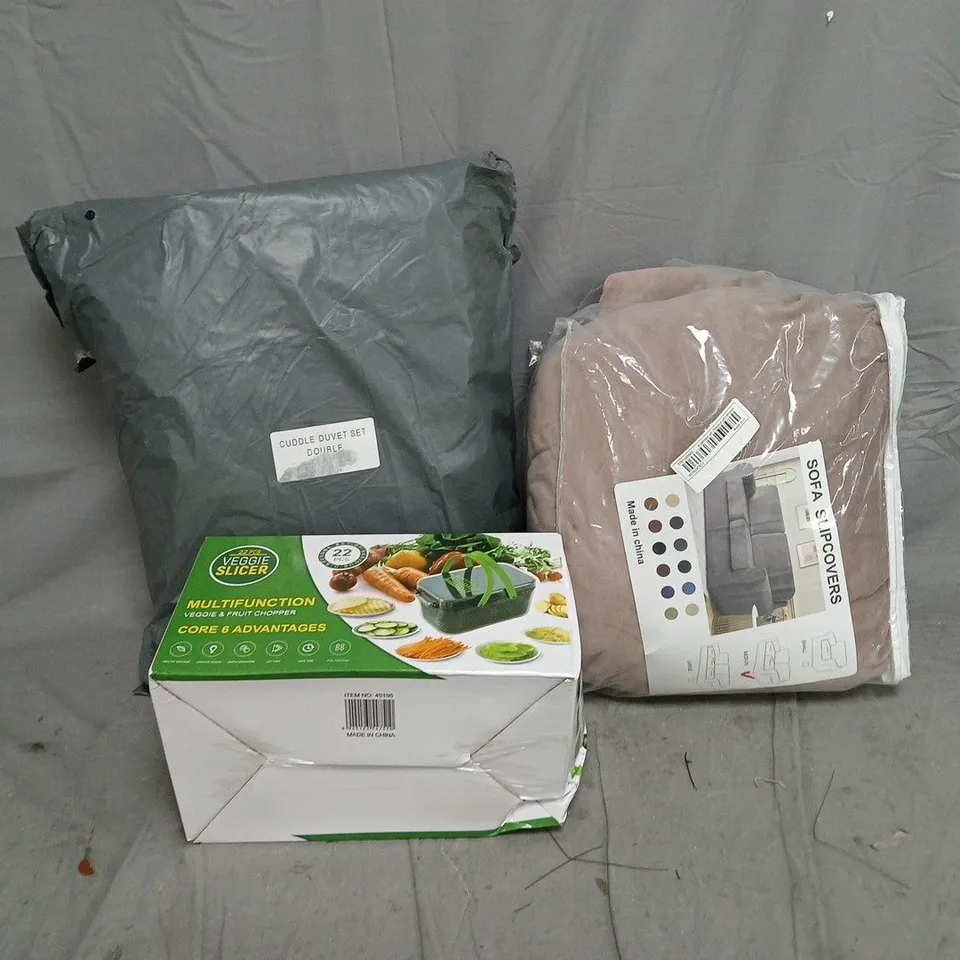 APPROXIMATELY 12 ASSORTED HOUSEHOLD PRODUCTS TO INCLUDE SOFA SLIPCOVERS, CUDDLE DUVET SET, VEGGIE SLICER, ETC