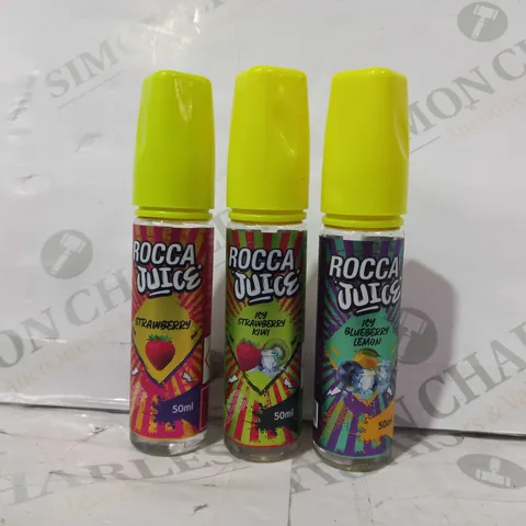 BOX OF APPROXIMATELY 50 ASSORTED ROCCA JUICE 50ML BOTTLES IN VARIOUS FLAVOURS TO INCLUDE STRAWBERRY, ICY BLUEBERRY LEMON, ICY STRAWBERRY KIWI, ETC