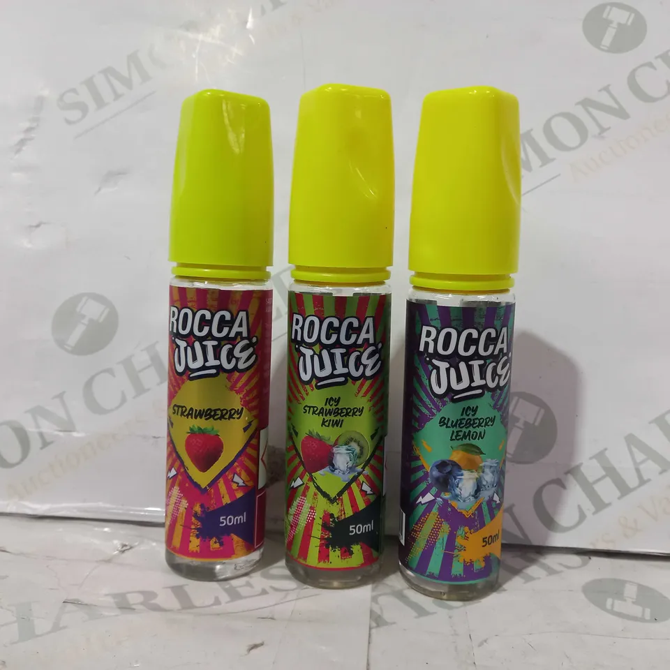 BOX OF APPROXIMATELY 50 ASSORTED ROCCA JUICE 50ML BOTTLES IN VARIOUS FLAVOURS TO INCLUDE STRAWBERRY, ICY BLUEBERRY LEMON, ICY STRAWBERRY KIWI, ETC