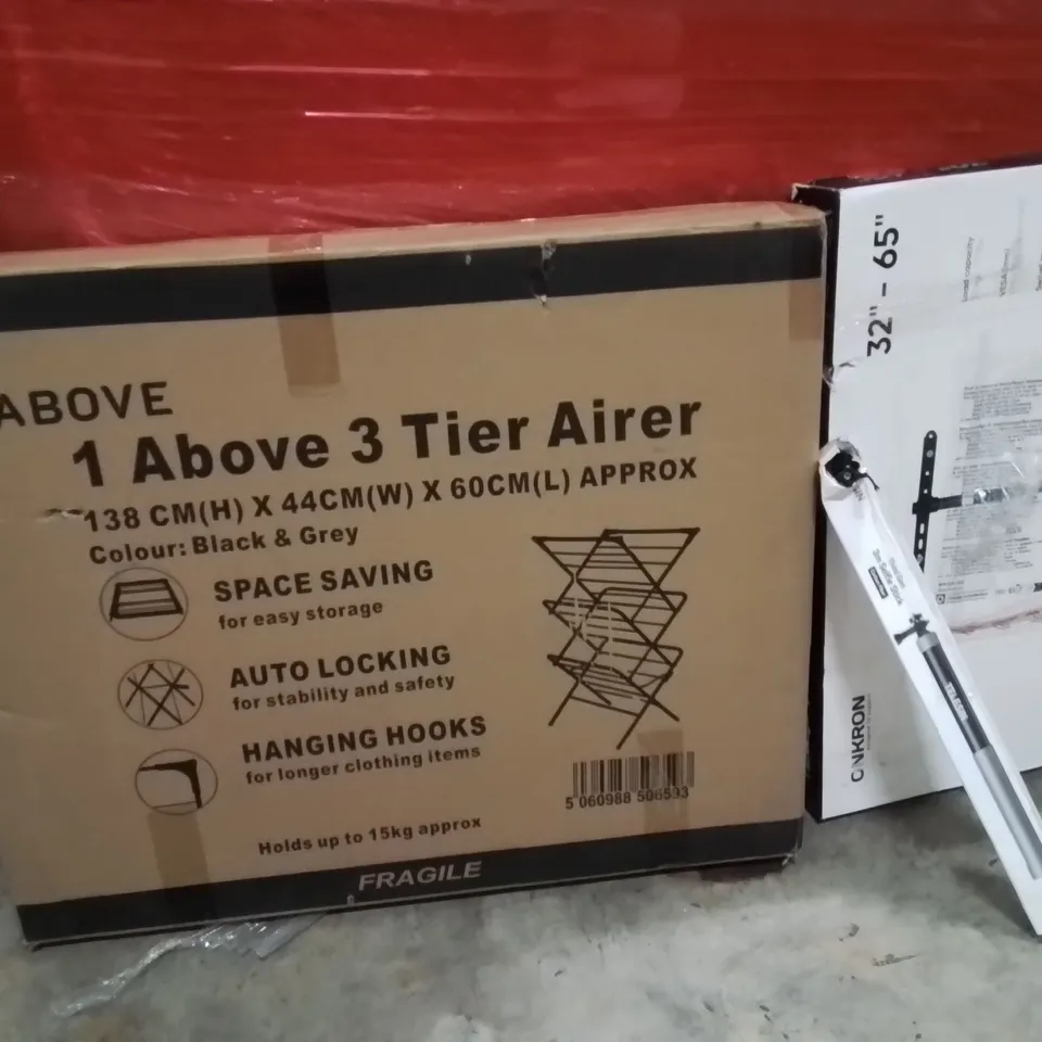PALLET OF ASSORTED HOUSEHOLD GOODS AND PRODUCTS TO INCLUDE;DRYING RACK,SELFIE STICK,TV STAND
