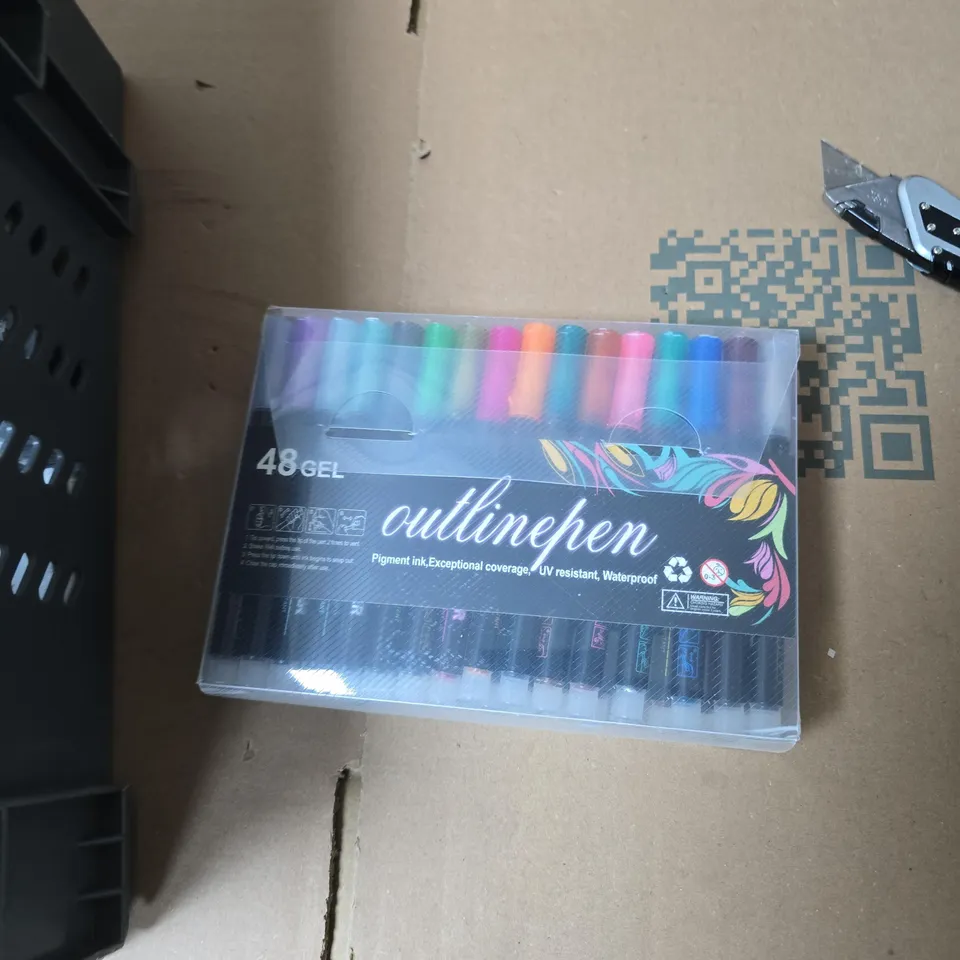 TOTE OF APPROXIMATELY 15 ASSORTED ITEMS TO INCLUDE: 48 PACK GEL COLORING PENS 