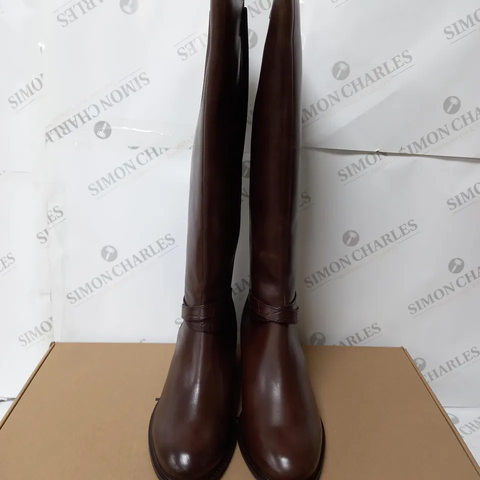 DUNE LONDON LEATHER STRAP DETAIL HIGH LEG BOOT - BROWN - SIZE 7