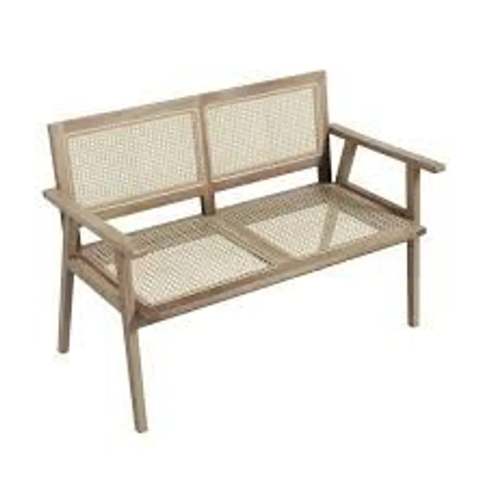 BOXED COSTWAY INDONESIA TEAK WOOD GARDEN BENCH WITH ARMRESTS AND NATURAL RATTAN BACKREST