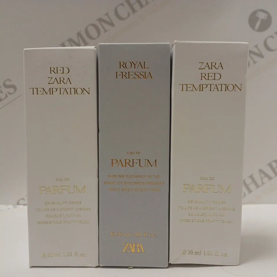 BOX OF 3 ZARA PRODUCTS TO INCLUDE RED TEMPTATION EAU DE PARFUM & ROYAL FRESSIA EAU DE PARFUM 