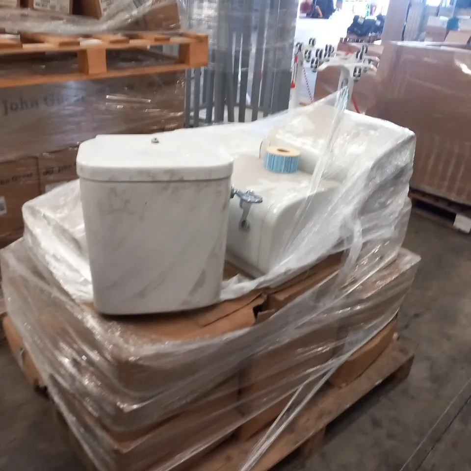 PALLET OF APPROXIMATELY 8 WHITE CERAMIC CISTERN UNITS WITH CHROME FLUSH HANDLES AND LARGE QUANTITY OF CO-VID19 VACCINE LABELS 