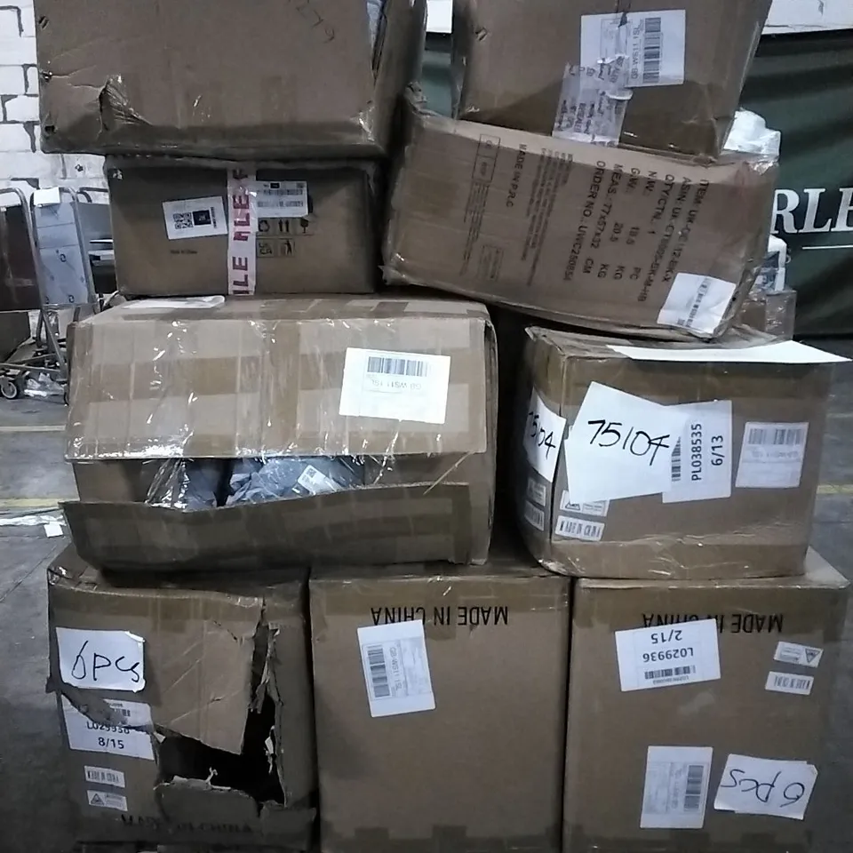 PALLET OF HOUSEHOLD ITEMS TO INCLUDE TUB TRANSFER BENCHES, PARTY SUPPLIES, LAMP SHADES,  CLOTHES AND OTHER ASSORTED ITEMS...