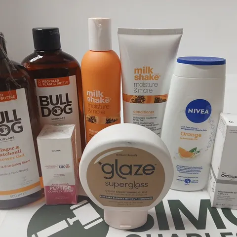 APPROX 12 ASSORTED BEAUTY PRODUCTS TO INCLUDE MILKSHAKE SHAMPOO, MILKSHAKE CONDITIONER, GLAZE CONDITIONER, ETC