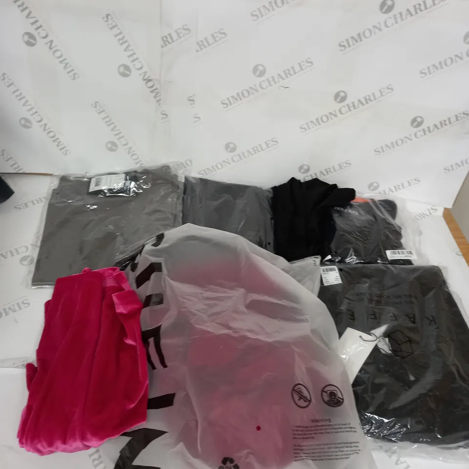 LARGE BOX OF ASSORTED CLOTHING ITEMS IN VARIOUS COLOURS AND SIZES INCLUDING TROUSERS , TOPS AND JUMPERS 