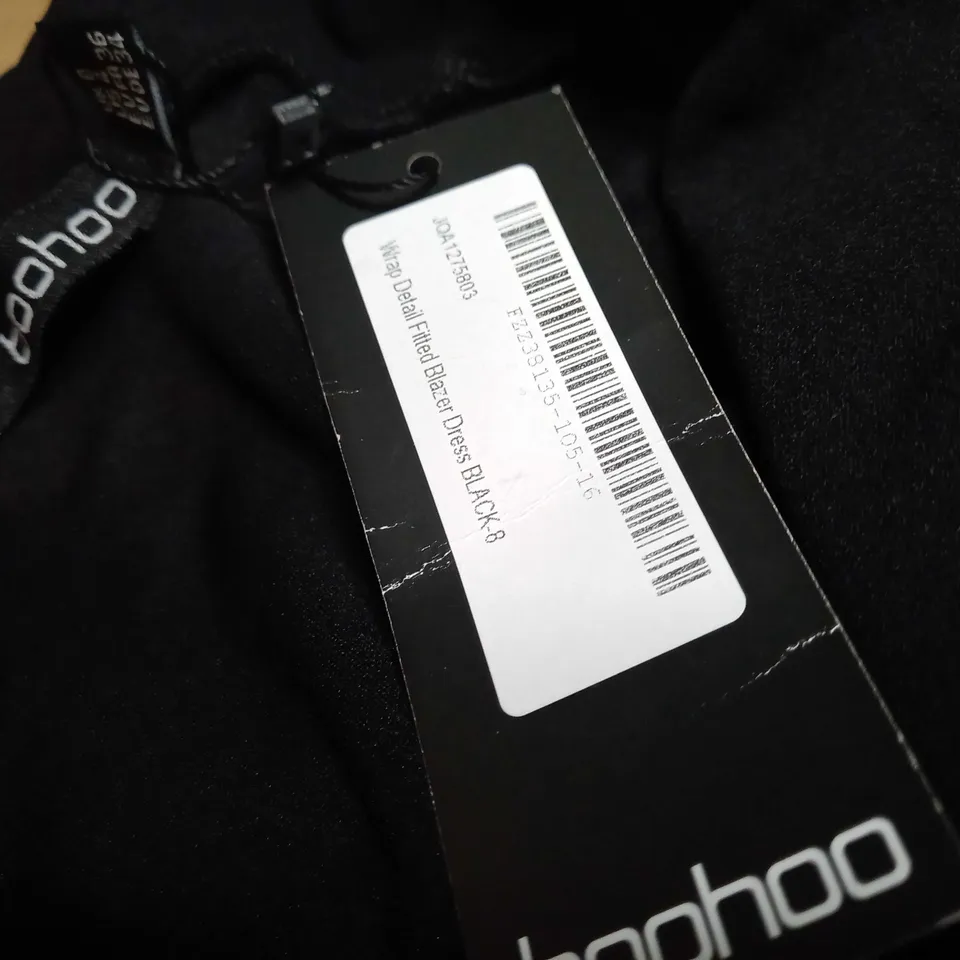 BOOHOO BLACK WRAP DETAIL FITTED BLAZER DRESS - SIZE 8