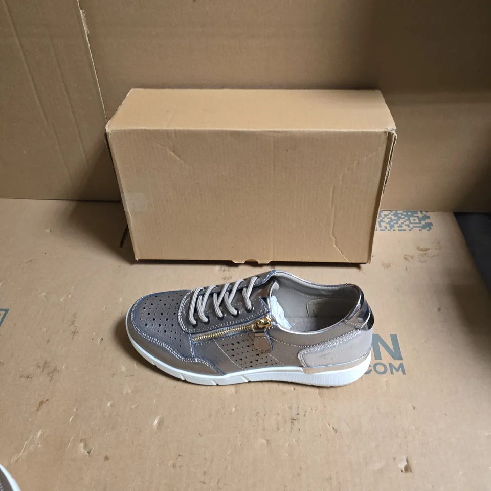 DOWN TO EARTH SILVER METALLIC SNEAKERS – WOMEN'S SIDE-ZIP PERFORATED TRAINERS - UK SIZE 6