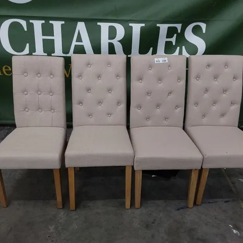 SET OF THREE & 1 SIMILAR, UPHOLSTERED BUTTONED BACK DINING CHAIRS BEIGE FABRIC NATURAL WOODEN LEGS