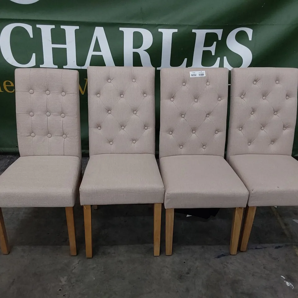 SET OF THREE & 1 SIMILAR, UPHOLSTERED BUTTONED BACK DINING CHAIRS BEIGE FABRIC NATURAL WOODEN LEGS 