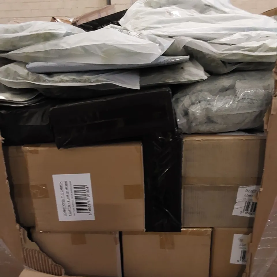 PALLET TO CONTAIN ASSORTED HOUSEHOLD ITEMS AND CONSUMER PRODUCTS. INCLUDES BOXES OF DUST SHEETS, ARTIFICIAL PLANTS ETC