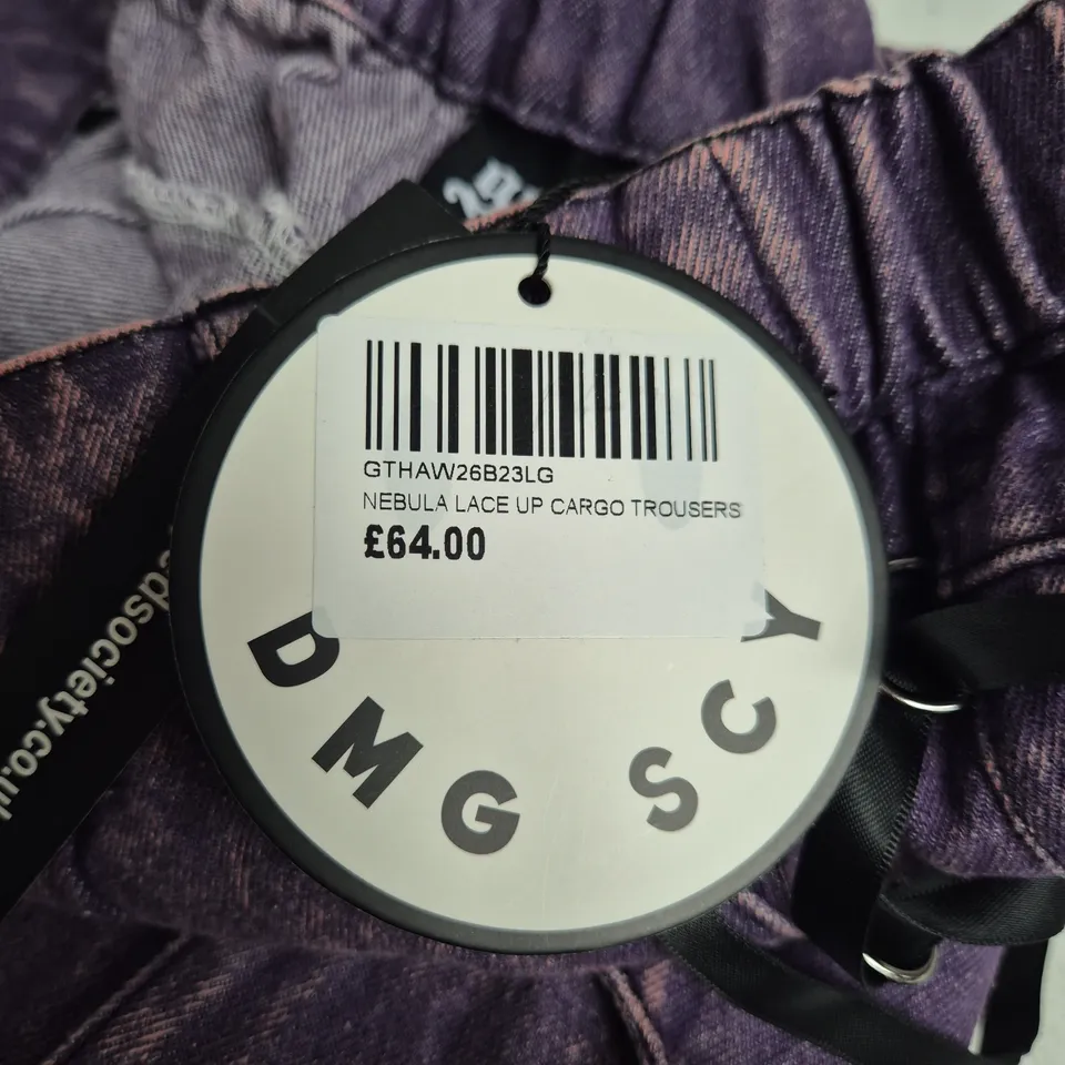 GOTHLING NEBULA LACE UP CARGO TROUSERS – PURPLE DENIM, UK L