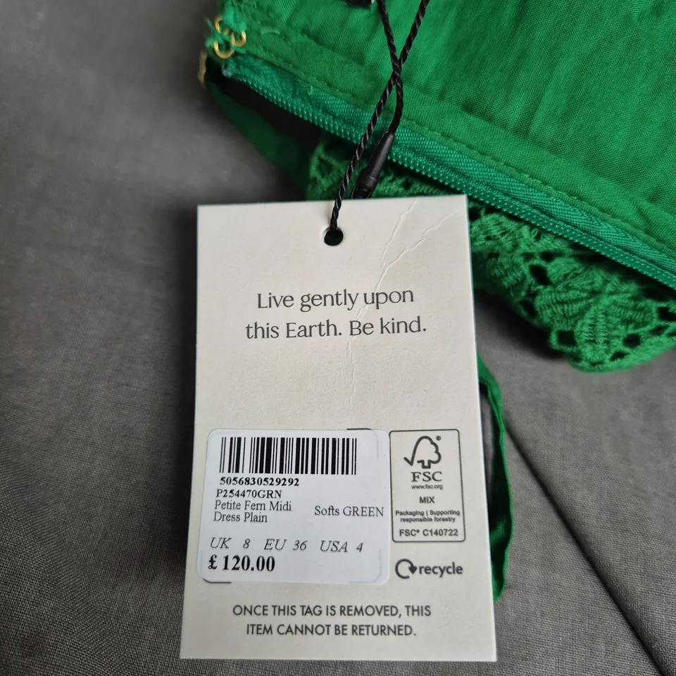 NOBODY'S CHILD PETITE FERN GREEN LACE MIDI DRESS, UK 8