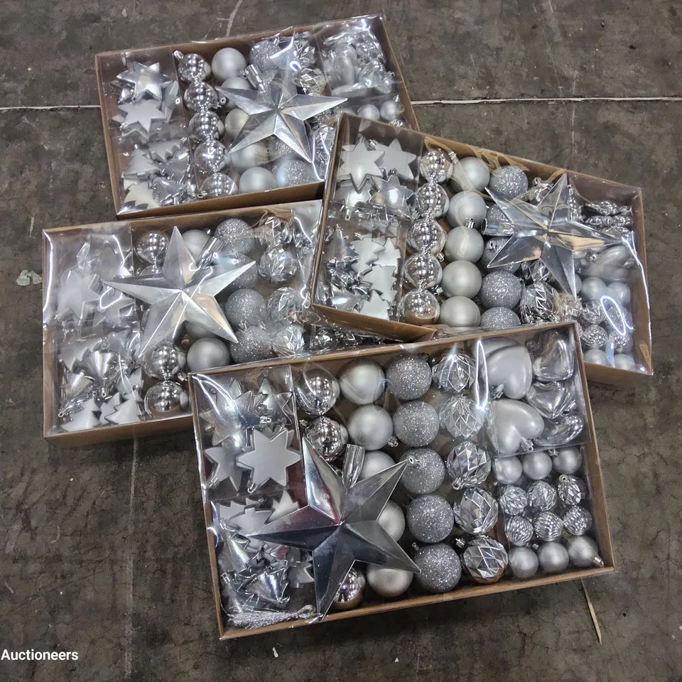 PALLET OF APPROXIMATELY 35 CASES, EACH CONTAINING 4 PACK OF SILVER VALUE PACK DECORATIONS, BRAND NEW. 