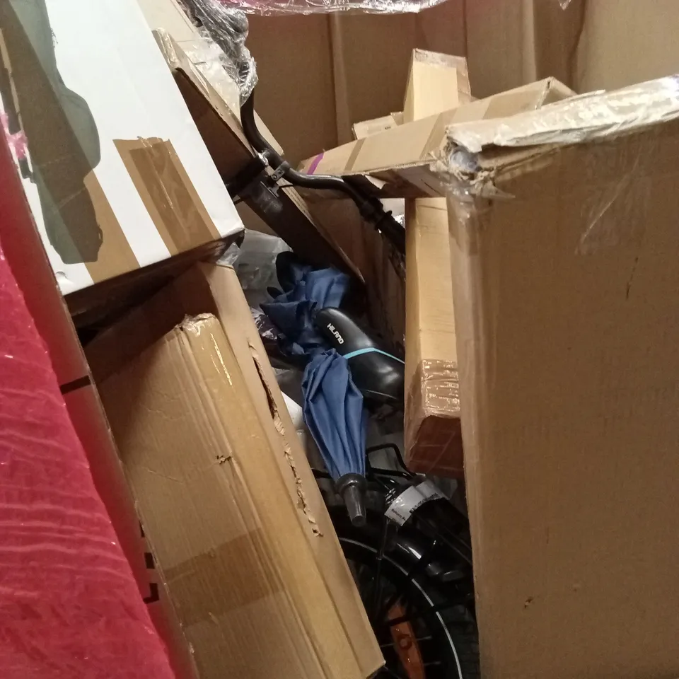 PALLET OF ASSORTED HOUSEHOLD GOODS AND PRODUCTS TO INCLUDE;  BIKE, FISHING EQUIPMENT, BOXED FURNITURE ETC 