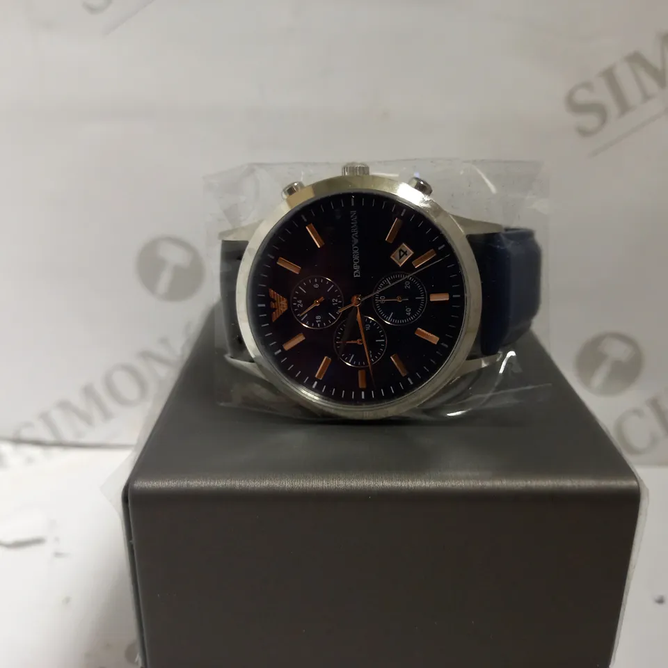 EMPORIA ARMANI TRIPLE DIAL WATCH WITH BLUE LEATHER EFFECT STRAP