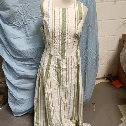 NOBODY'S CHILD CEDAR MIDI DRESS – STRIPED WHITE WITH GREEN & BLUE VERTICAL STRIPES, UK 12
