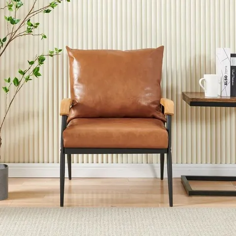 BOXED TUKAILAI SINGLE FAUX LEATHER SOFT LOUNGE ARMCHAIR WITH METAL SUPPORT LIGHT BROWN (1 BOX)