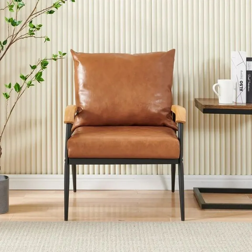 BOXED TUKAILAI SINGLE FAUX LEATHER SOFT LOUNGE ARMCHAIR WITH METAL SUPPORT LIGHT BROWN (1 BOX)
