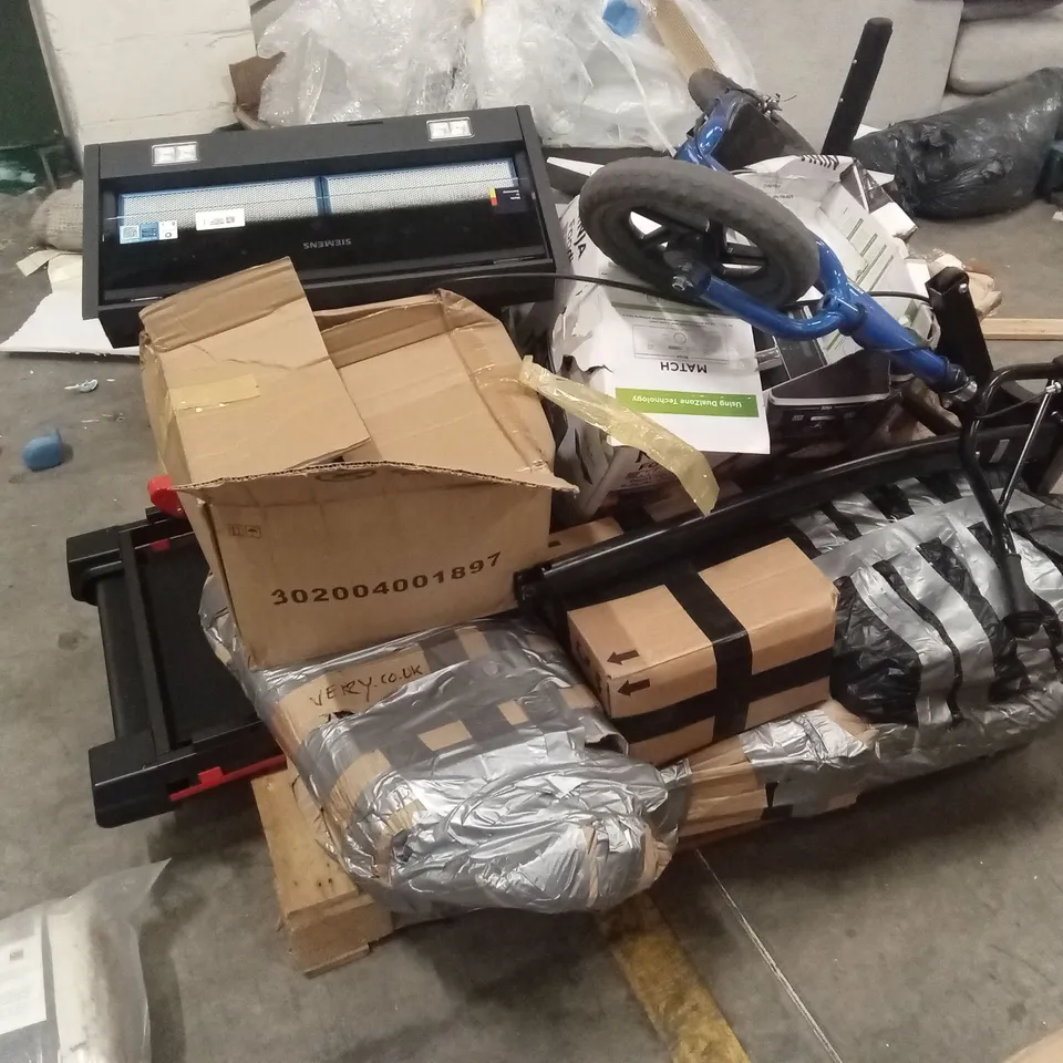 PALLET OF ASSORTED HOUSEHOLD GOODS AND PRODUCTS TO INCLUDE; TREADMILL, AIR FRYER, SCOOTER ETC