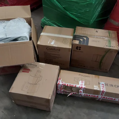 PALLET OF ASSORTED CONSUMER PRODUCTS TO INCLUDE: TABLETOP DISHWASHER, COOKER HOOD, COLLIFORD PROFESSIONAL HAIR DRYER, MULTIFUNCTIONAL FOOD PROCESSOR, PLAYPEN ECT