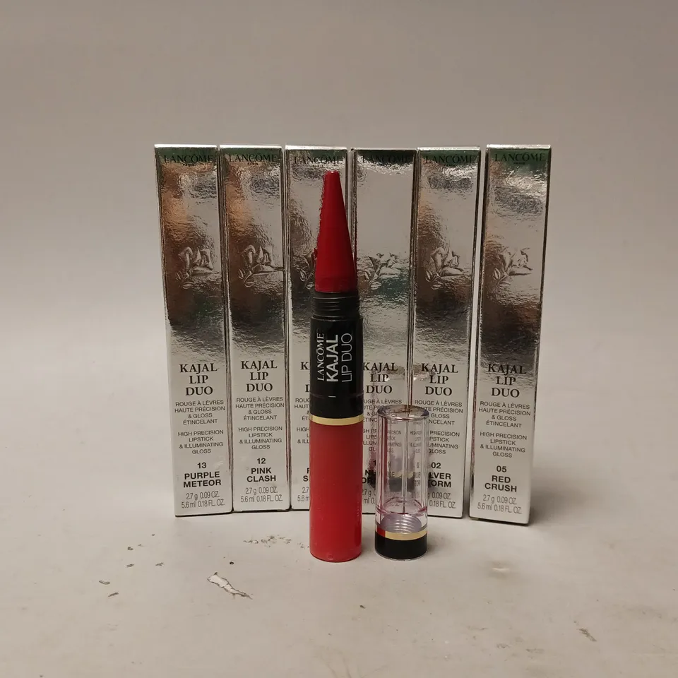 APPROXIMATELY 6 BOXED LANCOME KAJAL LIP DUO HIGH PRECISION LIPSTICK & ILLUMINATING GLOSS IN VARIOUS SHADES TO INCLUDE 05-RED CRUSH 